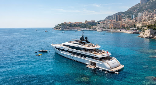 A breathtaking, expansive wide shot of a sleek 40-meter luxury superyacht anchored in crystal-clear azure waters off the coast of Monaco. Bright Mediterranean sunlight illuminates the pristine white hull and teak decks. The aesthetic is premium, airy, and inviting, reflecting a high-end luxury lifestyle. Clear skies and a calm sea complete the serene maritime scene.