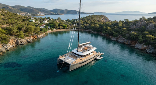 An expansive aerial shot of a sleek, modern sailing catamaran anchored in a secluded, emerald-green bay in the Bodrum peninsula. The vessel features wide teak decks and minimalist outdoor lounging areas. The lighting is early morning soft-key, emphasizing the calm, professional luxury and the serene, expansive feeling of the Turkish Riviera.