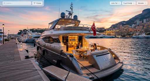 A luxury motor yacht at sunset, docked in the glamorous Port Hercule of Monaco. The sky is painted with soft hues of orange and airy azure blue. Warm golden lights from the yacht's interior spill out onto the deck, where a dining setup is visible. The scene captures a moment of effortless sophistication and ultimate exclusivity in a high-contrast, modern luxury style.