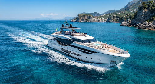 A sleek, modern luxury motor yacht slicing through crystal clear, vivid turquoise waters under a bright, cloudless sky. The yacht features expansive glass windows and a sun deck. The perspective is dynamic, taken from slightly above and ahead of the vessel. The overall image style is high-end, clean, and evokes an exclusive Mediterranean summer lifestyle.
