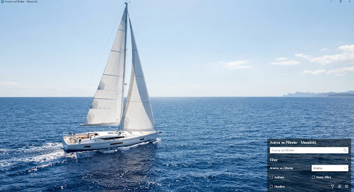 A minimalist white sailing yacht with its majestic sails fully deployed, cutting through a deep blue ocean under a bright, high-noon sun. The composition is expansive, showing the vast horizon and emphasizing a sense of coastal breeze and freedom. The visual style is clean and breathy, with high-contrast whites and deep nautical navies.